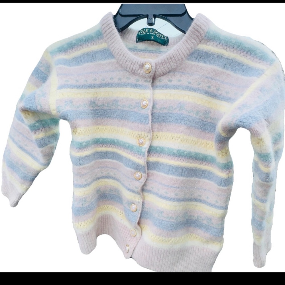 Lyle & Scott Angora Lambswool Cardigan Pastel Stripe Fuzzy Sweater S Vintage